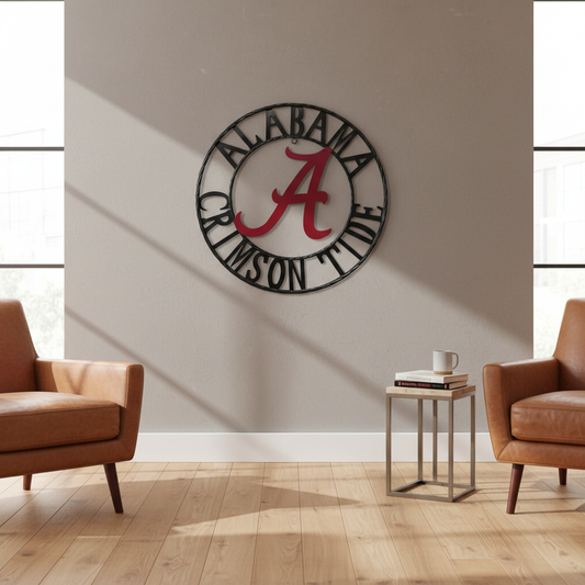 Alabama Crimson Tide wrought iron wall decor mounted on warm gray wall in premium game room setting